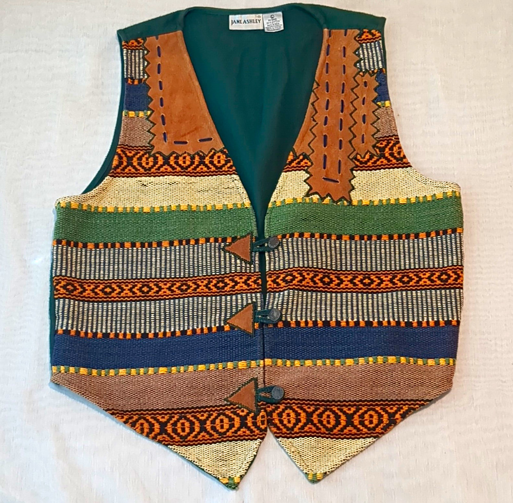 Jane Ashley Womens L Vintage Western Vest Geometric Button Lined Cotton Leather